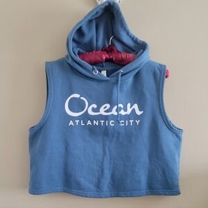 US Apparel |Blue Sleeveless Hoodie with Ocean Atlantic City Print Cropped